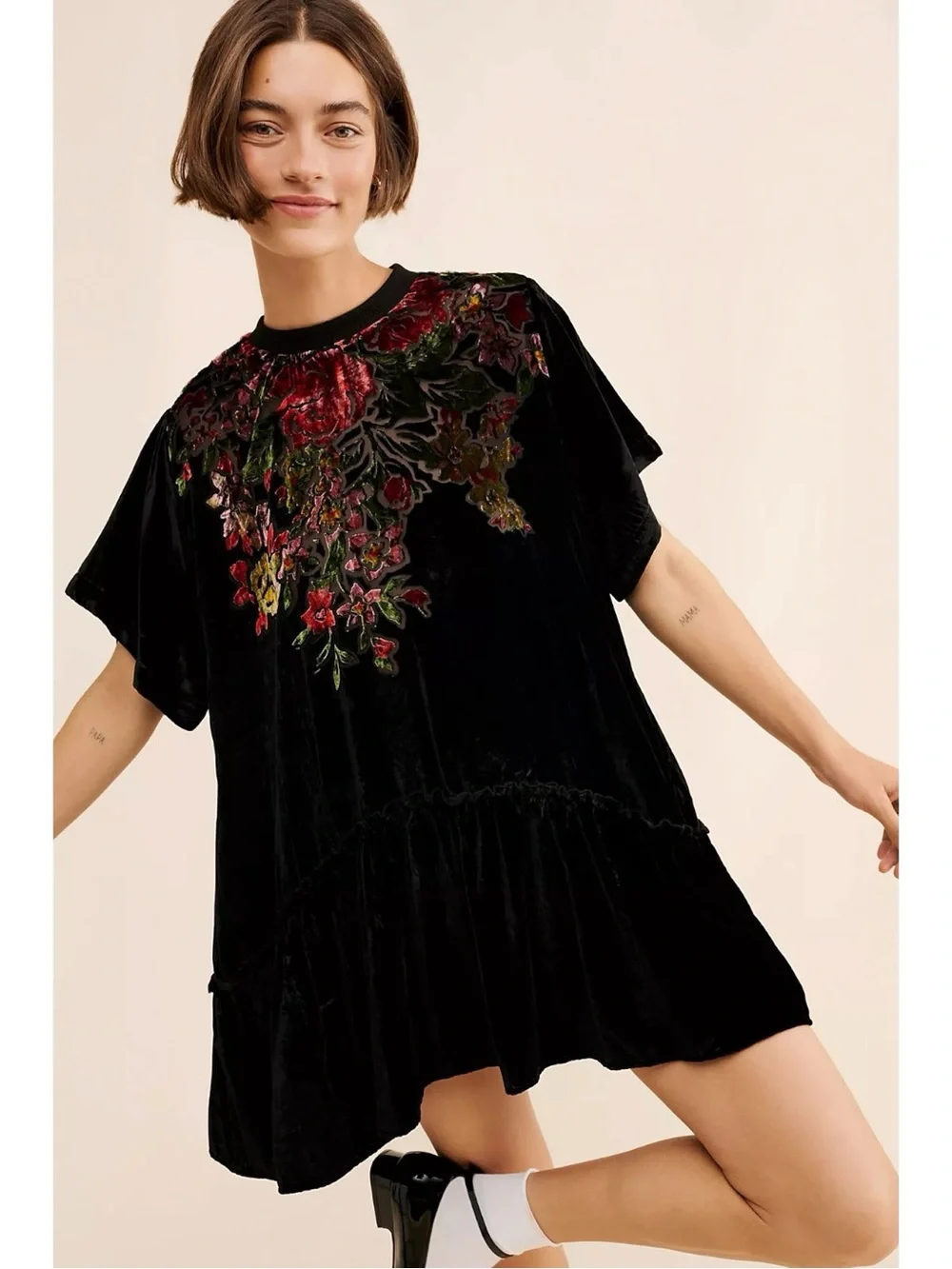 Free People Bohemian Sweet Echoes Black Floral Velvet Devore Tunic Dress Small